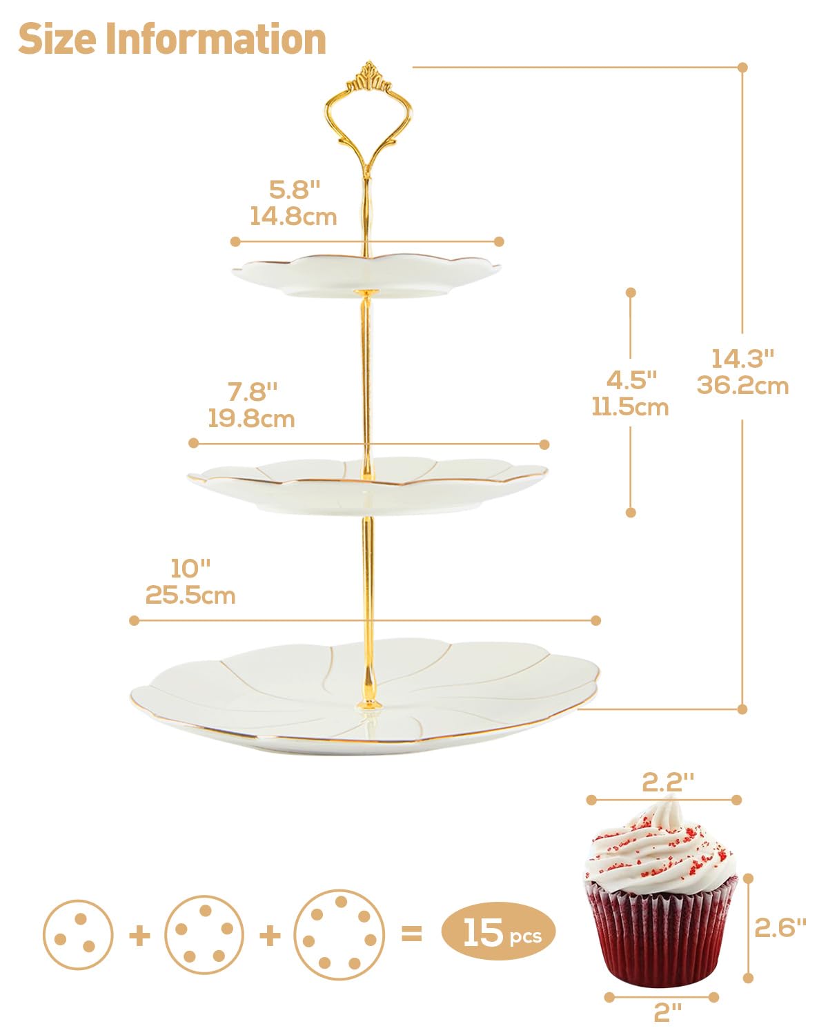DUJUST Luxury Porcelain 3-Tier Cupcake Stand Tower, British Style Serving Tray with Golden Trim, Food Grade Dessert Display Stand, Beautiful Gift for Tea Party & Home Décor