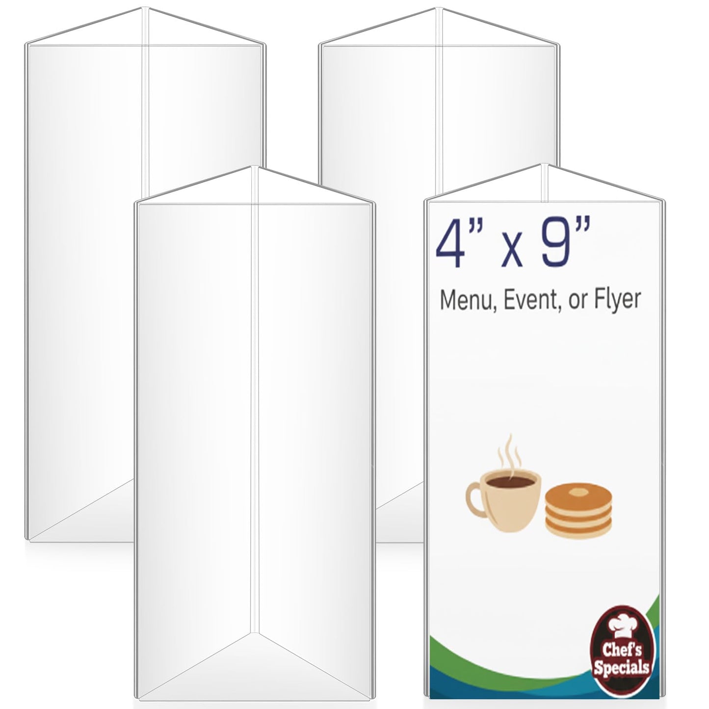 LemonSecret 4 Pack Acrylic Table Tent Sign Holder, Clear Three Sided Display Stand for Menu Flyer Promotion, Countertop Desktop Use in Restaurant Retail Office (4 x 9 Inch)