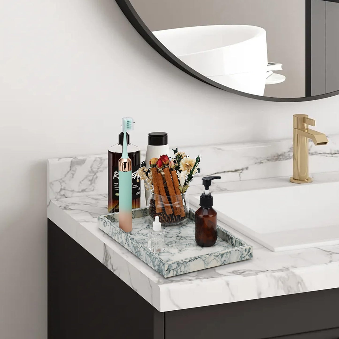 MULWR Marble Bathroom Tray,Pure Natural Vanity Tray,Marble Tray for Kitchen Counter Non-Ceramic/Non-Resin,Stone Trays 12 x 8 inch Cyan Green