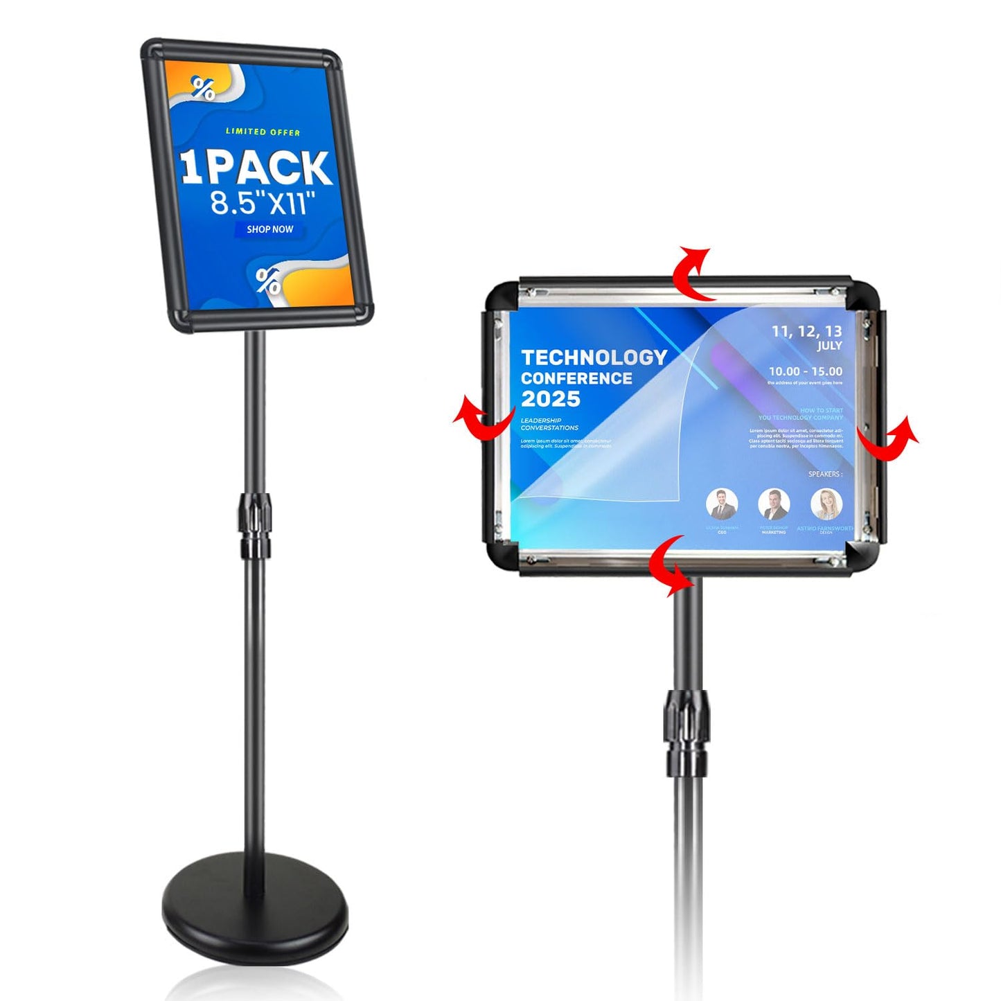 Sign Holder Stand with Rounded Safety Corners, Adjustable 31" to 52" Sign Stand Heavy Duty Floor Standing Poster Holder, Water/Sand Fillable Base for Storefront & Indoor Use, Anti-Glare Display for Signs (Black, 8.5*11 - 1 Pack)