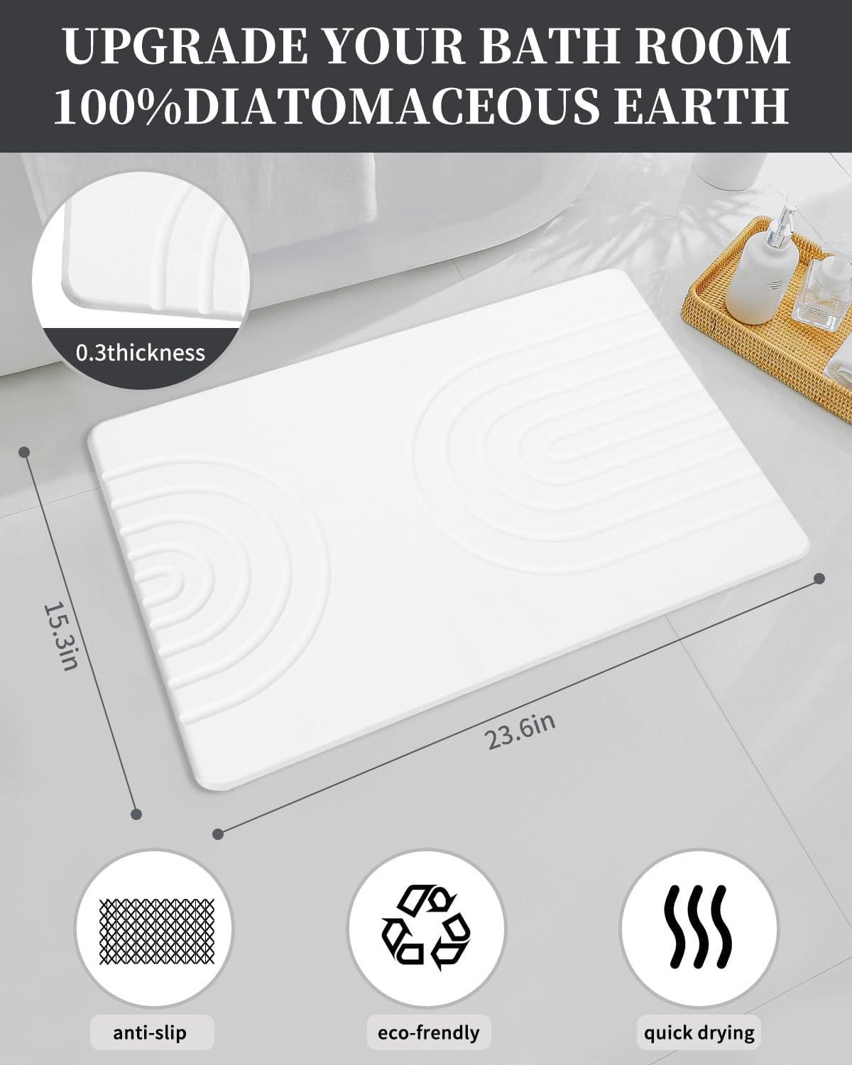 YOULTTAN Stone Bath Mat 24"x16" - Diatomaceous Earth Shower Mat, Quick Dry, Anti-Slip, Modern Design with Bonus Non-Slip Pad - Perfect for Home Safety and Style, White,Semicircle