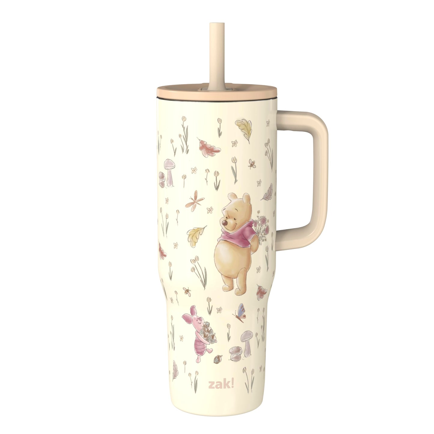 Zak Designs Disney Winnie the Pooh Sutton Travel Tumbler for On the Go, 30oz Stainless Steel with Vacuum Insulation, Silicone Straw, and Carry Handle for Cold Drinks (Pooh and Friends)