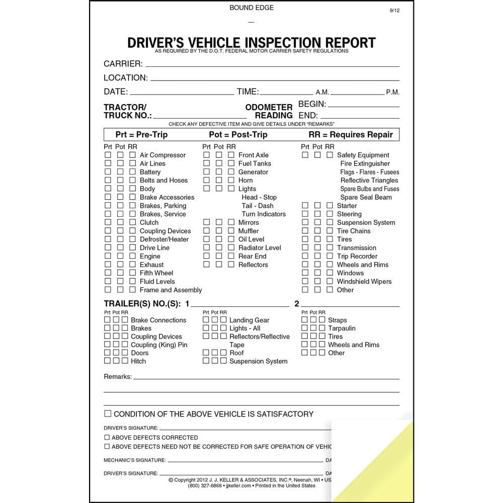 Detailed Driver's Vehicle Inspection Report (Pre- & Post-Trip) 10-pk. - Book Format with 31 Sets, 2-Ply Carbonless, 5.5" x 8.5", Meet FMCSR Requirements, J. J. Keller & Associates, Inc.