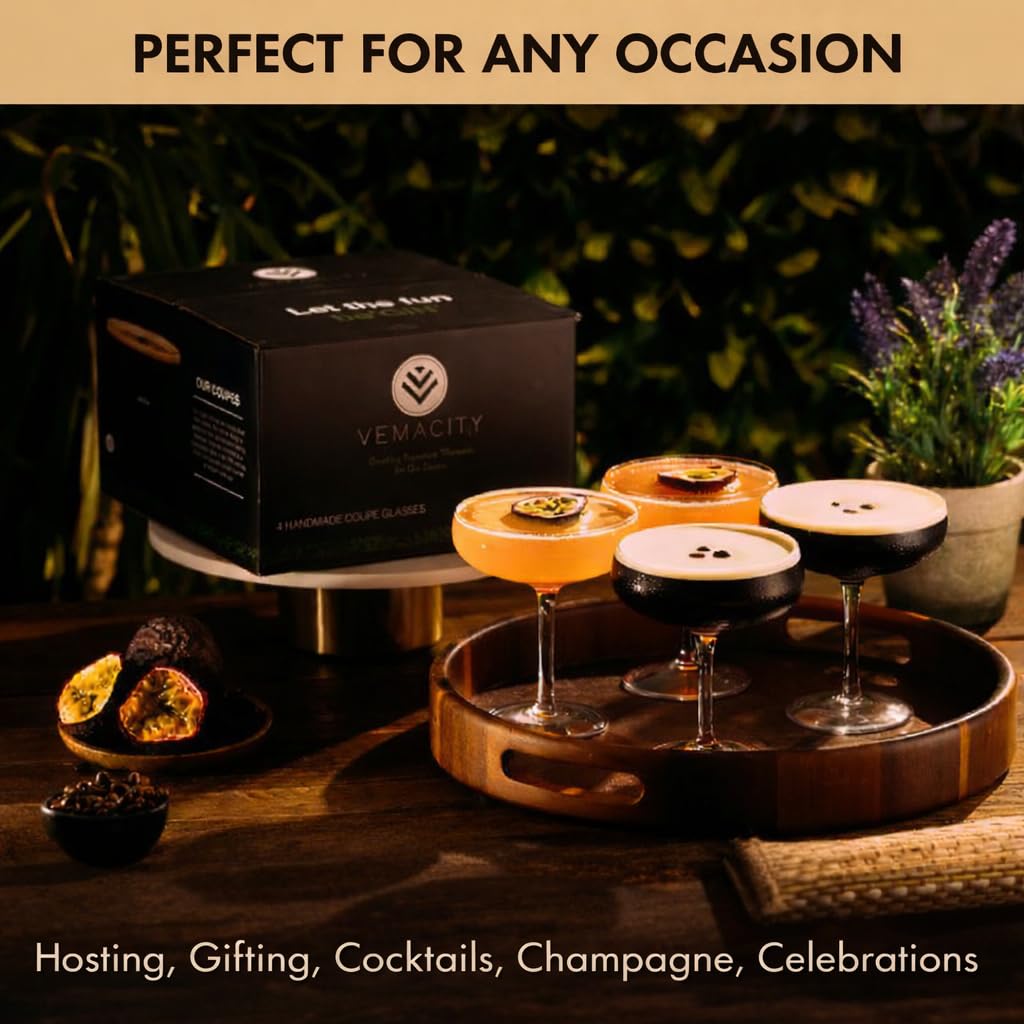 VEMACITY - Elegant Espresso Martini Glasses Set of 4 (10oz) - Classic Coupe Glasses for Martinis, Champagne, Margaritas | Handblown Crystal Cocktail Glassware | Ideal for Martinis and Cocktails