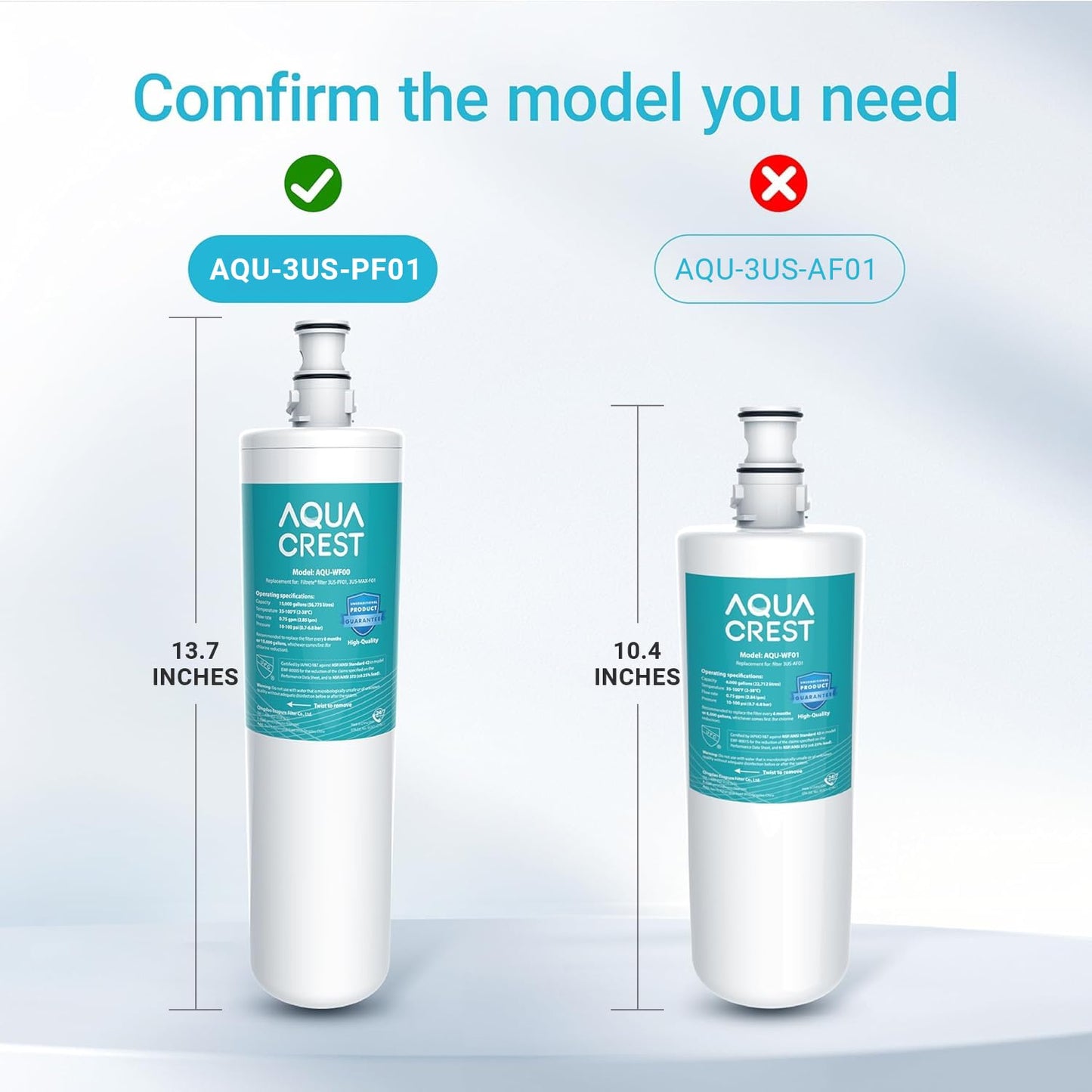 AQUA CREST 3US-PF01 Under Sink Water Filter, Replacement for Standard Filtrete® 3US-PF01, 3US-MAX-F01H, 3US-PF01H, Delta RP78702, Manitowoc K-00337, K-00338, HF20 HF25 HF27, NSF 42 Certified, 2 Pack