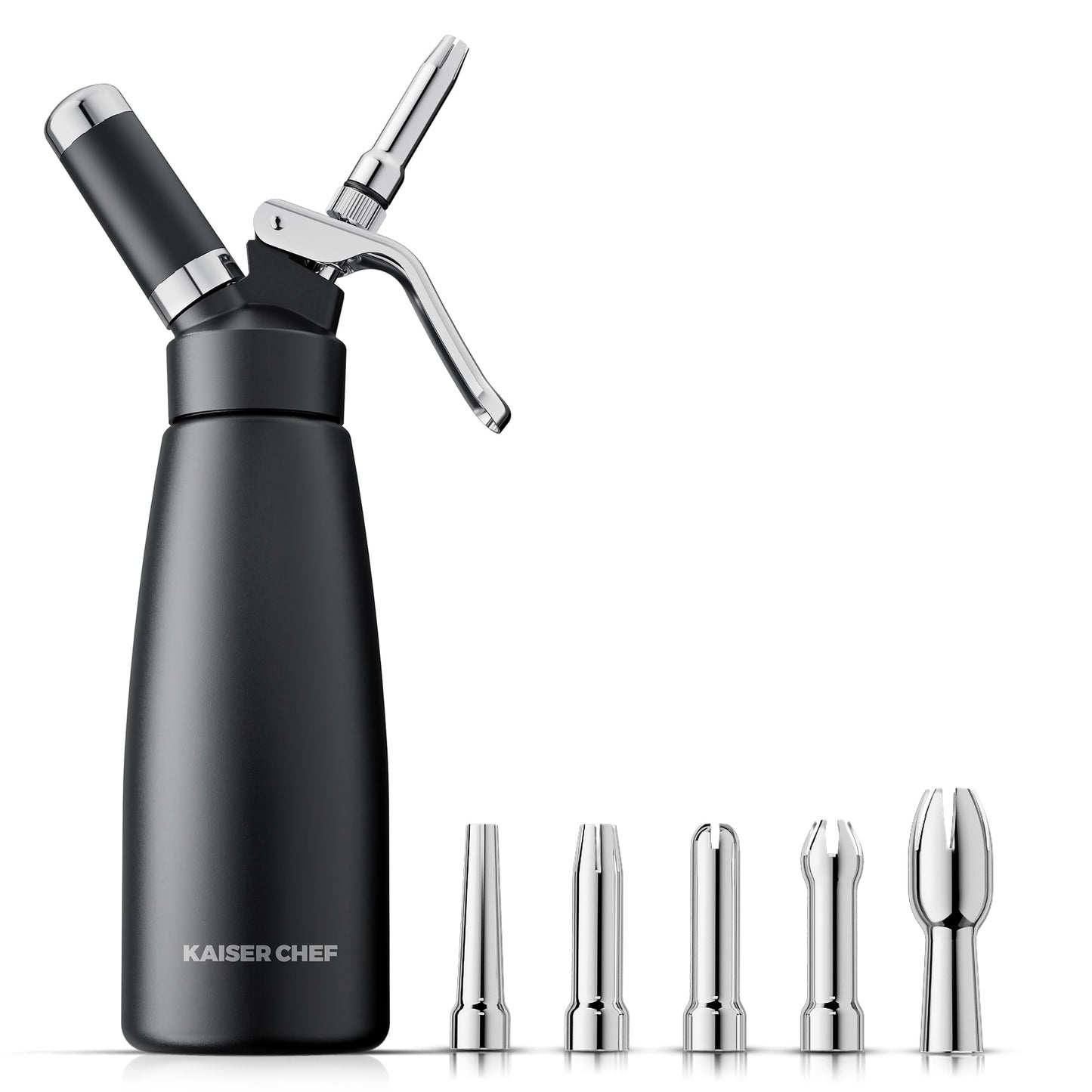 Professional Aluminum Whipped Cream Dispenser - 500 mL/1 Pint,Leak-Free Whipped Cream Maker Canister with 5 Decorating Nozzles & Cleaning Brush - for Desserts, Coffee Foam & Cold Foam (Black, 500ml)
