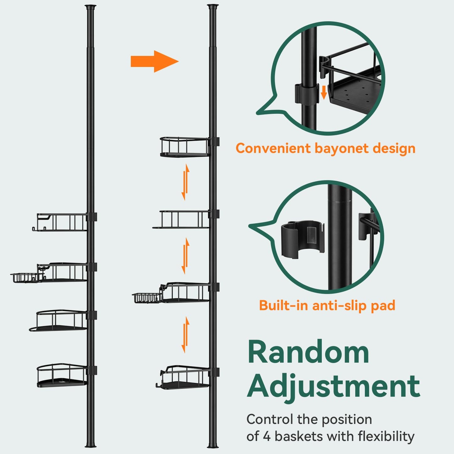 Dimyno Corner Shower Caddy Tension Pole, 4 Tier Rustproof Shower Tension Rod Organizer, Adjustable 25-125 Inch Bathroom Shower Organizer Shelves for Bathtub Shampoo Storage, Black