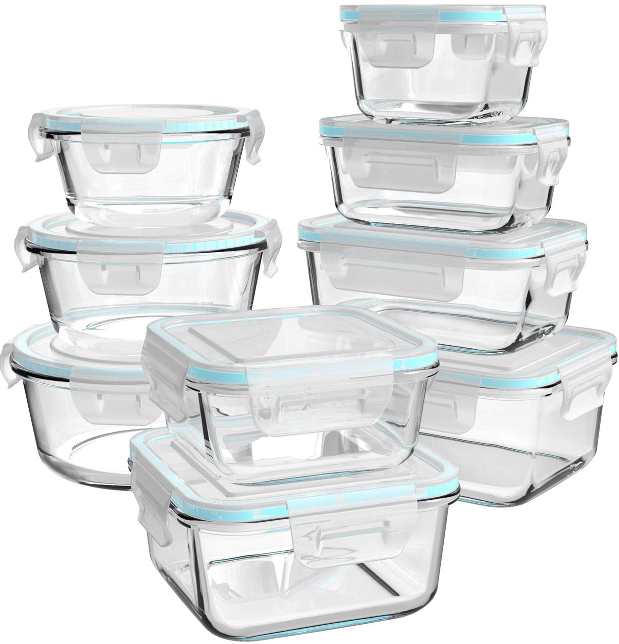 AILTEC Glass Food Storage Containers with Lids, [18 Piece] Glass Meal Prep Containers Set, Airtight Leak Proof, Oven Freezer Dishwasher Safe, BPA Free (9 Lid & 9 Container)