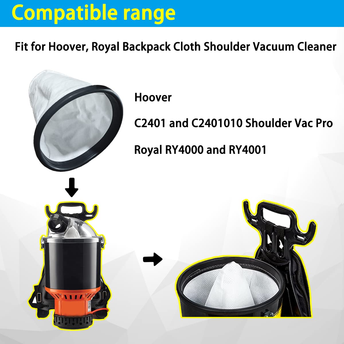 Upgraded 2KE2105000 HEPA Cloth Bag Liner, Fit for Hoover, Royal Backpack Cloth Shoulder Vacuum Cleaner, Hoover C2401 and C2401010 Shoulder Vac Pro, Royal RY4000 and RY4001, 15 Year Warranty
