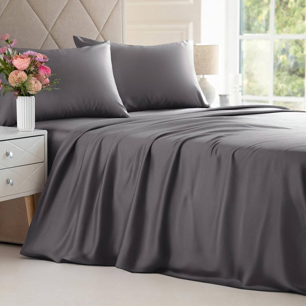 100% Rayon Derived From Bamboo - Bamboo Sheets Queen Size - Cooling Sheets for Queen - Soft, Breathable & Hotel Luxury Bedding - 1 Flat & 1 Fitted & 2 Pillowcases w/ 18 Inch Deep Pockets - Dark Grey