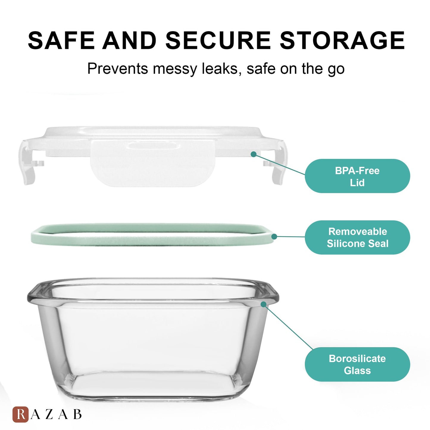 Razab 6 PC Square Glass Food Storage Containers with Airtight lids (74, 40 & 18 oz) Kitchen Glass Meal Prep Containers Set for Freezer Reusable Leftover Lunch Boxes, Oven, Microwave, Dishwasher Safe