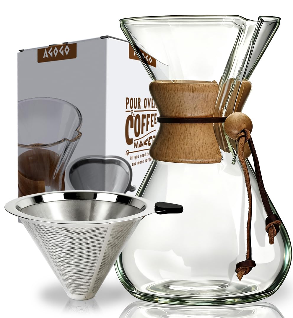 AGOGO Pour Over Coffee Maker Glass - Barista Kit with 304 Stainless Filter for Home, Office, Camping, Cafes - Easy Clean Coffee Dripper Set (Soft Towel&Brush) (40oz Classic w/SS Filter)