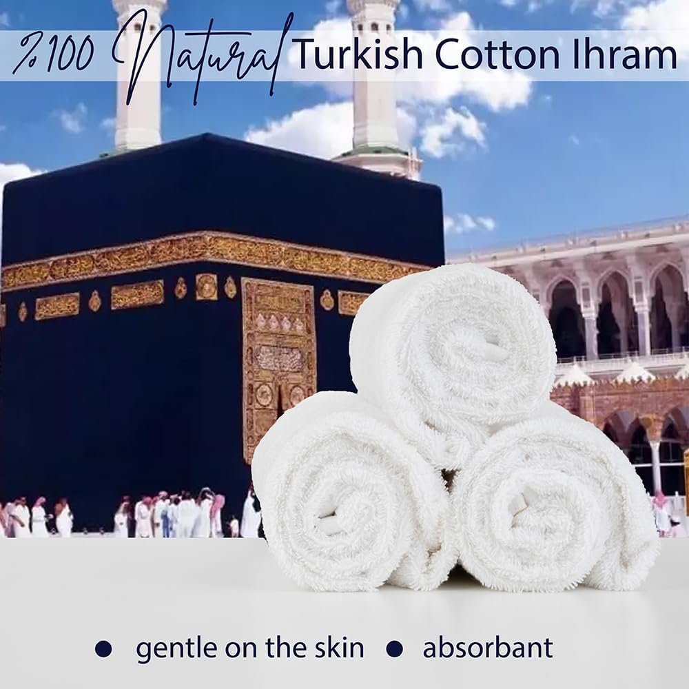Ihram for Men – 2-Piece Hajj and Umrah Towel Set – 100% Natural Cotton – Soft, Non-Stitched 110x220 cm (43x86 in) – Ahram Ehram (Cotton with Belt)