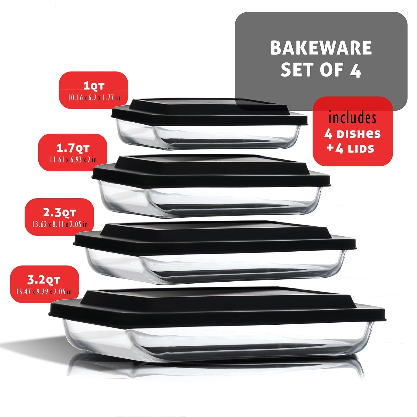 EATEX 8-Piece Deep Glass Casserole Dishes for Oven with Plastic Lids, Glass Baking Dishes for Oven, Rectangular Bakeware for Lasagna, Cooking, Leftovers, Kitchen, Freezer to Oven Dishwasher Safe