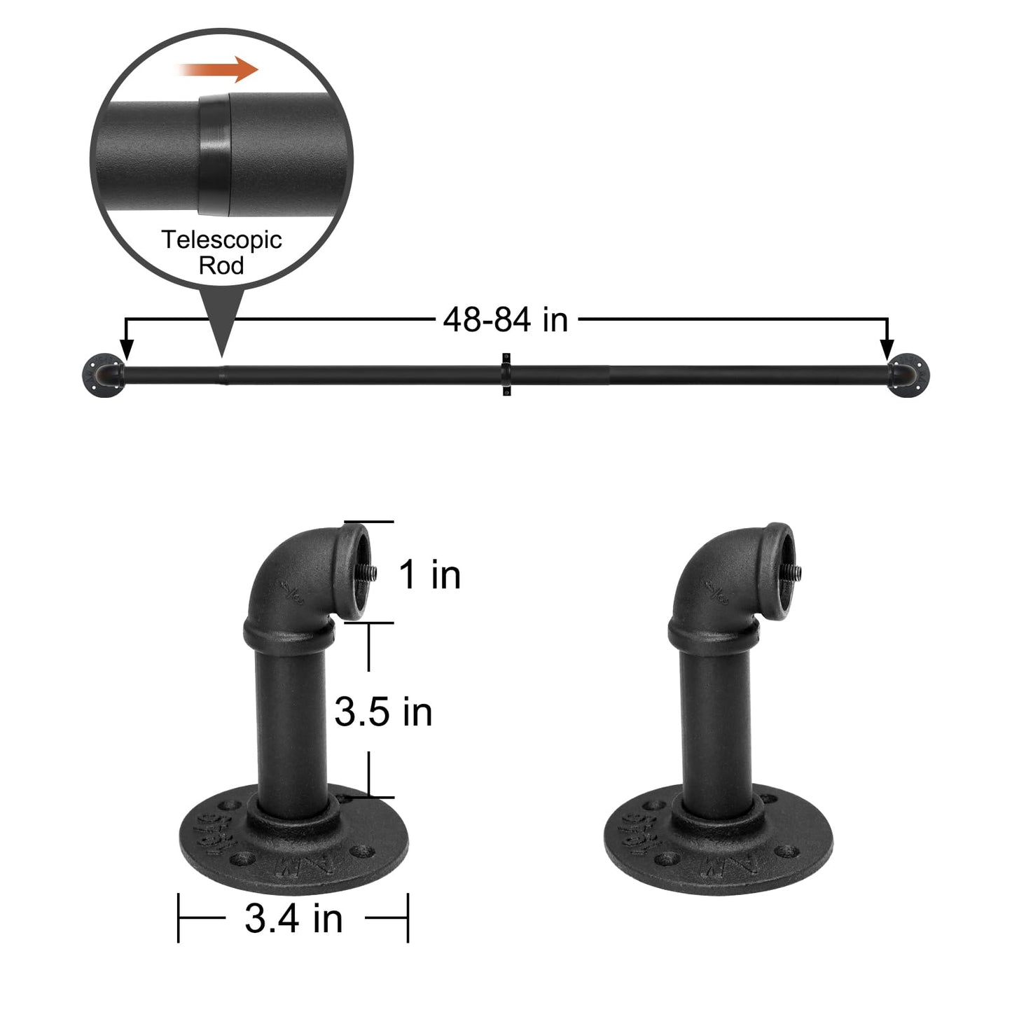 Refrze 2 Pack Curtain Rods for Windows 48 to 84 Inch, Industrial Curtain Rods Wrap Around, Heavy Duty for Bedroom & Outdoor, 48-84", "Black Curtain rod