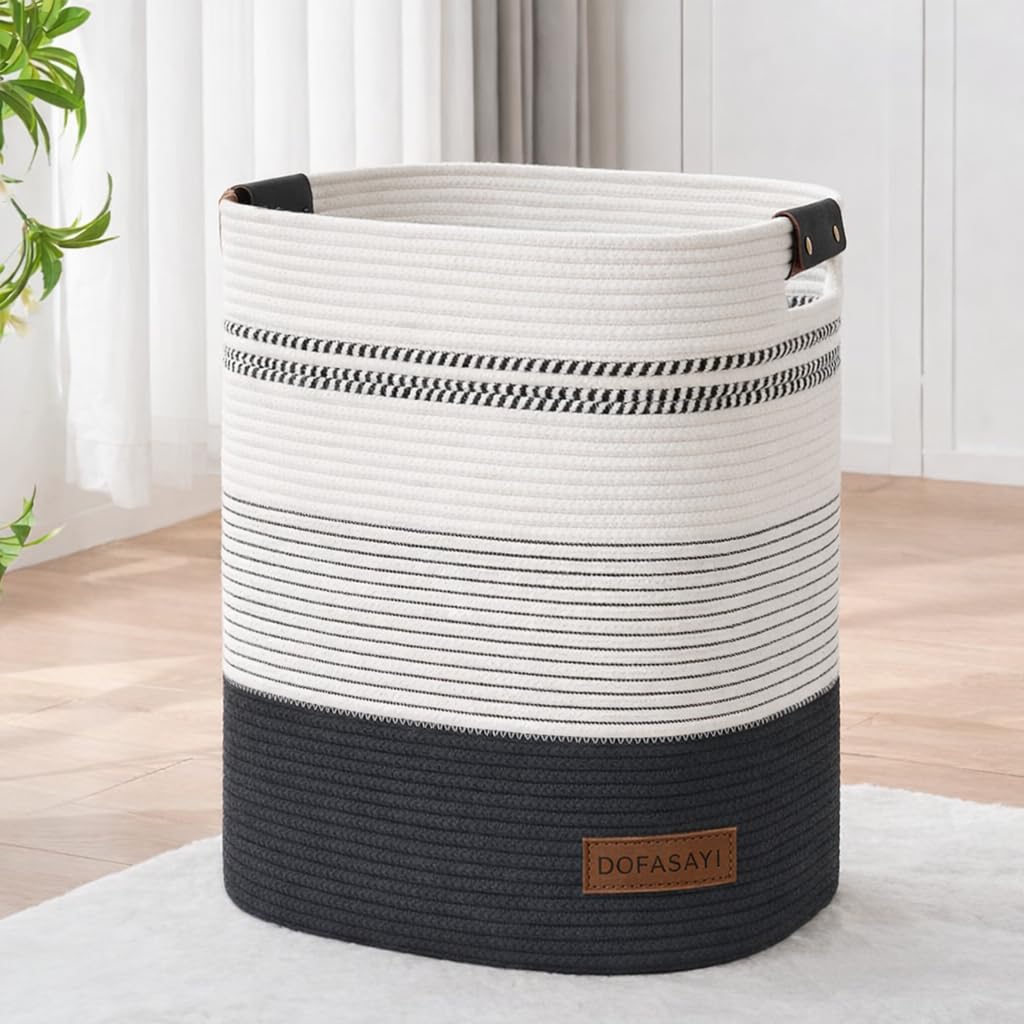 DOFASAYI Laundry Hamper - 85L Large Laundry Basket with Leather Handles, Decorative Storage Basket for Blankets - Clothes Hamper for Living Room, Bedroom, Black & White