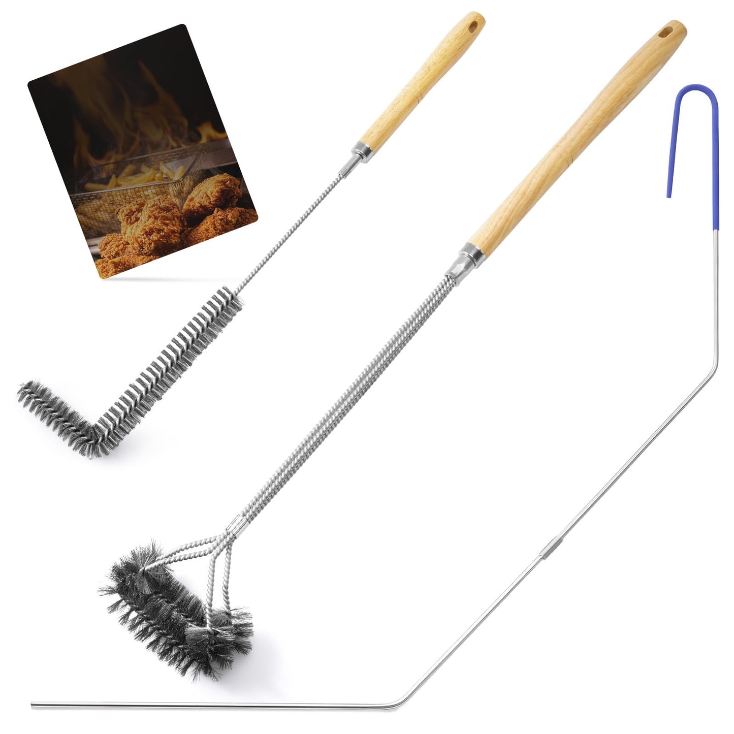 Fryer Cleaning Tools, 3 PCS Stainless Steel Deep Fryer Cleaning Tools, with Deep Fryer L-Shaped Brush, Long Handle Basket Brush and Fryer Cleanout Rod for Restaurants (Stainless Steel, Sliver)