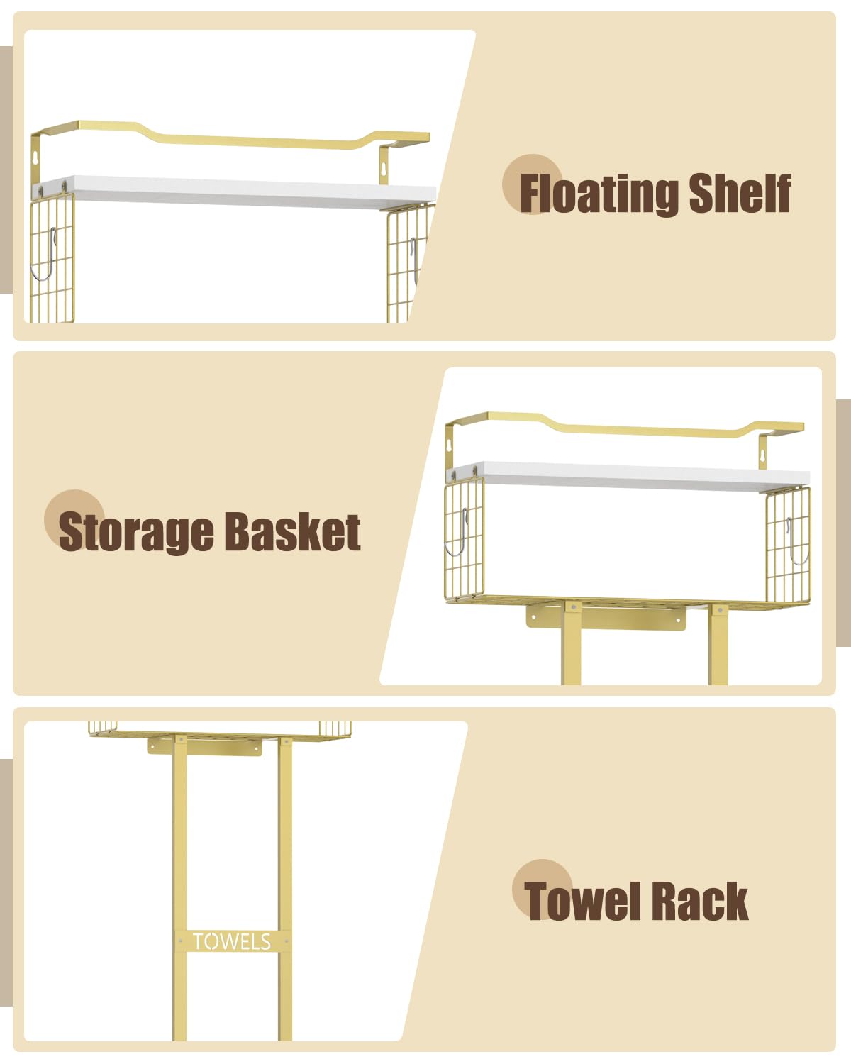 Aetyord Towel Racks for Bathroom - Wall Mounted Metal Rack with Wood Plank, Bathroom Storage Organizer, Towel Holder Stores 6 Large Rolled Towels Easily, Gold and Size XL 31"
