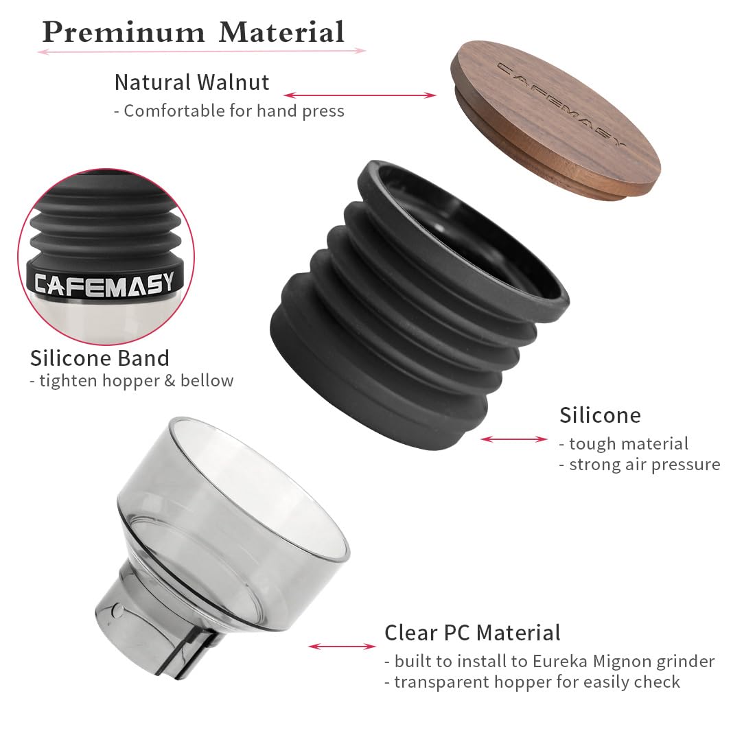Single Dose Hopper Compatible with Eureka Mignon Espresso Coffee Grinder Silicone Bellow for Blow Out Residual Coffee Grounds (Heighten Hopper)