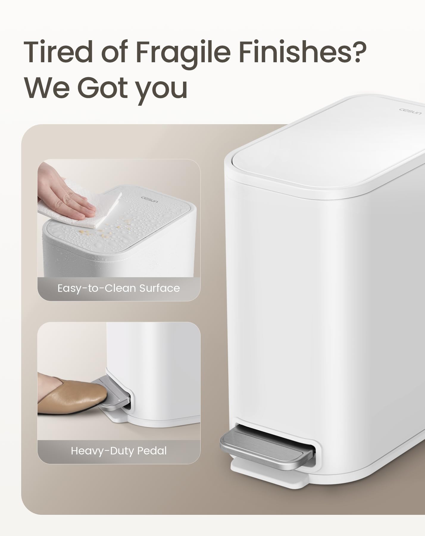 Cesun Small Bathroom Trash Can with Lid Soft Close, Step Pedal, 5 Liter / 1.3 Gallon Stainless Steel Garbage Can with Removable Inner Bucket, Waste Basket for Bathroom, Bedroom (White)