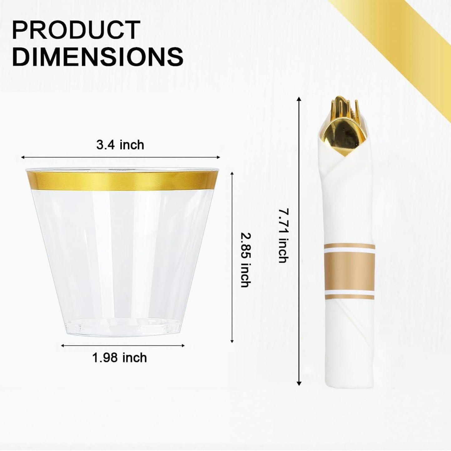 M MCIRCO 350 Piece Gold Dinnerware Set,100 Plastic Plates, 50 Cups,50 Pre Rolled Napkins with Plastic Silverware, Disposable Gold Dinnerware Set for 50 Guest