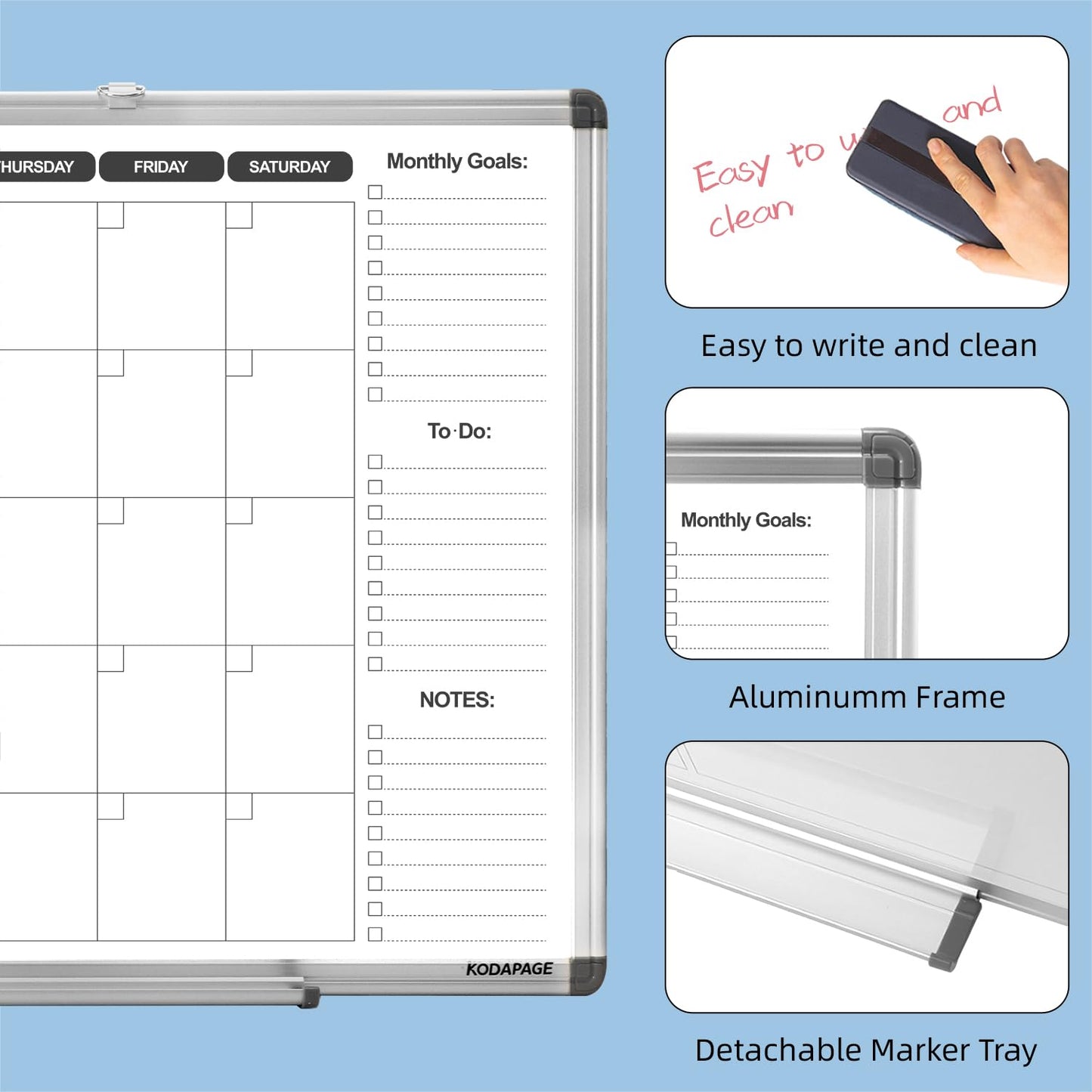 KODAPAGE Whiteboard Dry Erase Calendar for wall, Weekly & Monthly Planner Dry Erase Board 24" X 18" Double-Sided for Office, Home and School