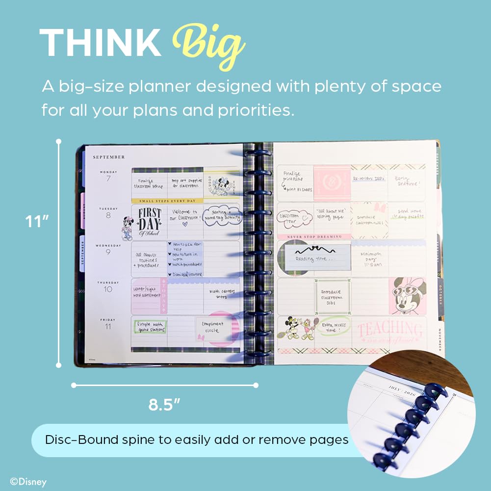 Happy Planner Disney Disc-Bound 12-Month Academic Planner, July 2026–June 2027, Big Size, 8.5" x 11", Teacher Layout, 12 Dividers, Minnie & Daisy Varsity