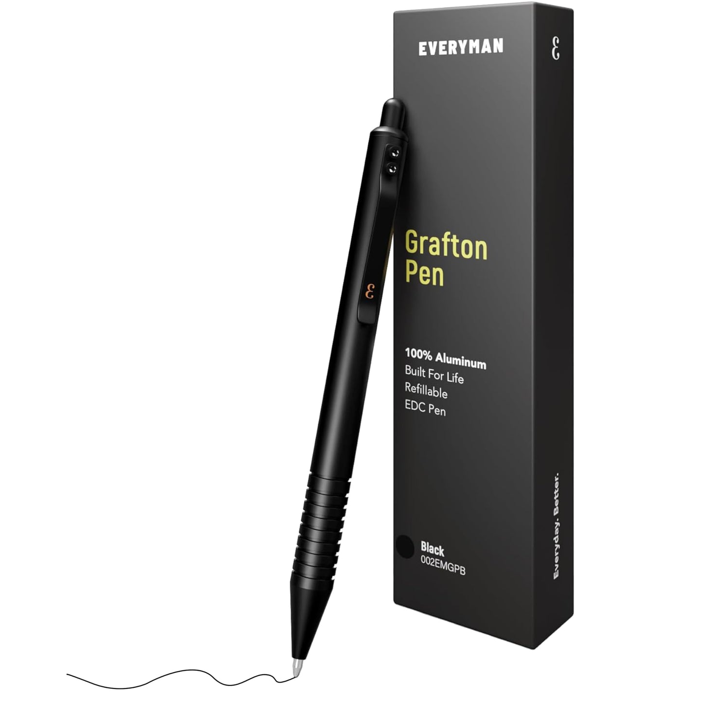 Everyman Black Grafton Full Click Refillable 0.7mm Gel Ink Pen | Sleek Anodized Aluminum EDC Pen with Deep Grooved Grip | Smooth Writing Pocket Pen for Office, Travel, Gifting & Daily Use
