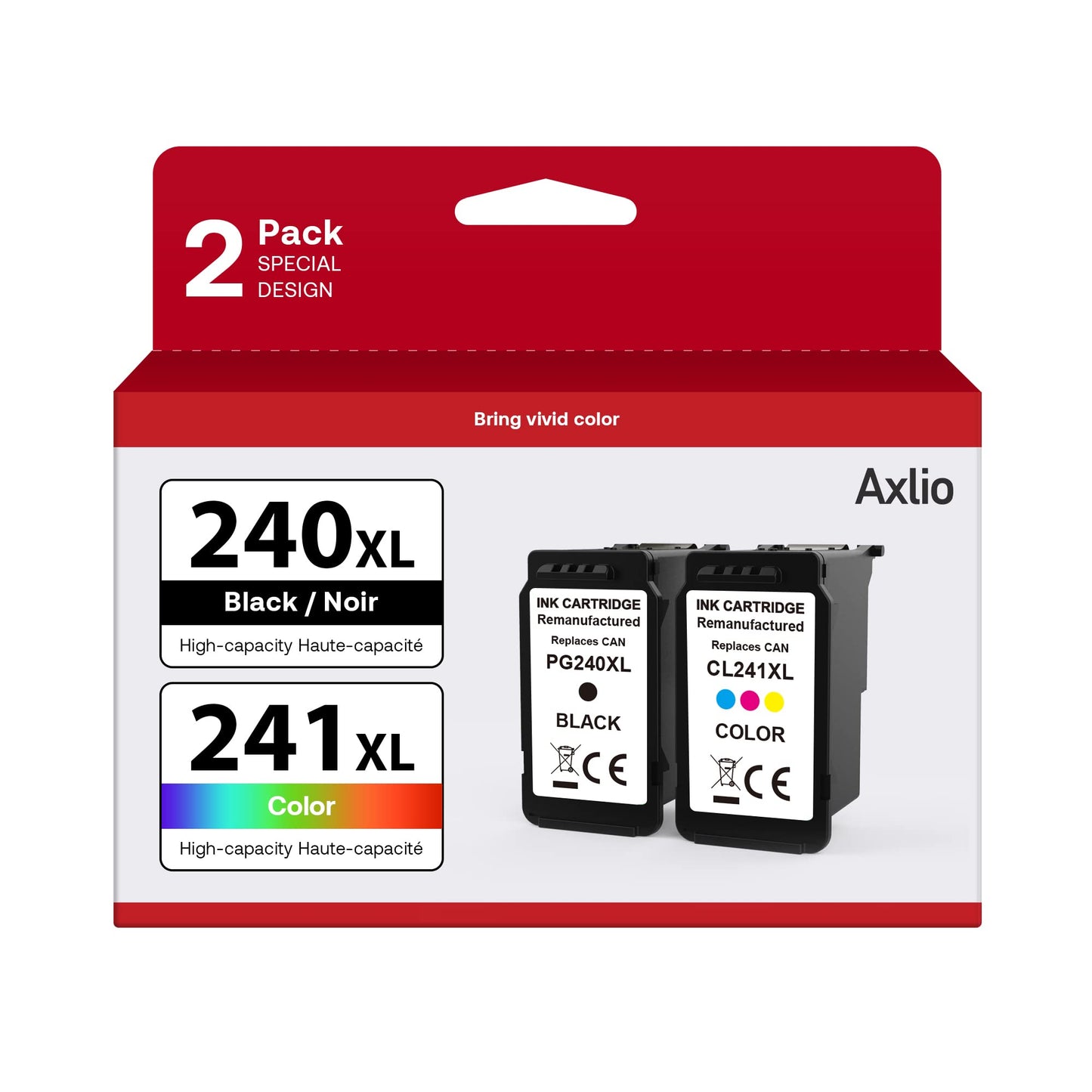 Axlio PG-240XL/CL-241XL Remanufactured Ink Cartridges Replacement for Canon 240 241, 240XL 241XL Combo Pack Use to Canon MG3620 TS5120 MG3520 MG2120 MX452 MX512 MX532 Printer (2 Pack)