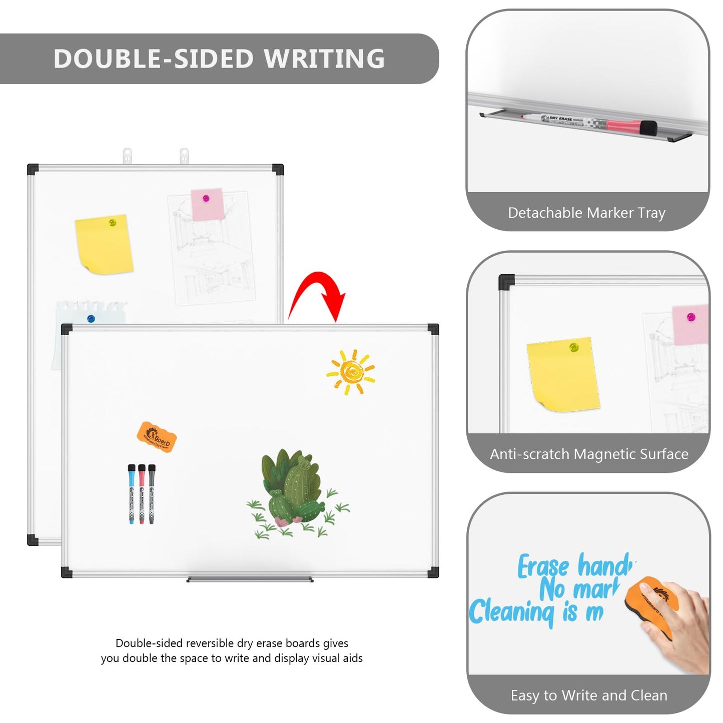 XBoard Magnetic Dry Erase Whiteboard 24 x 18 Inch, Double Sided White Board for Wall with Marker Tray | Silver Aluminum Frame Presentation Board for Home Office Classroom