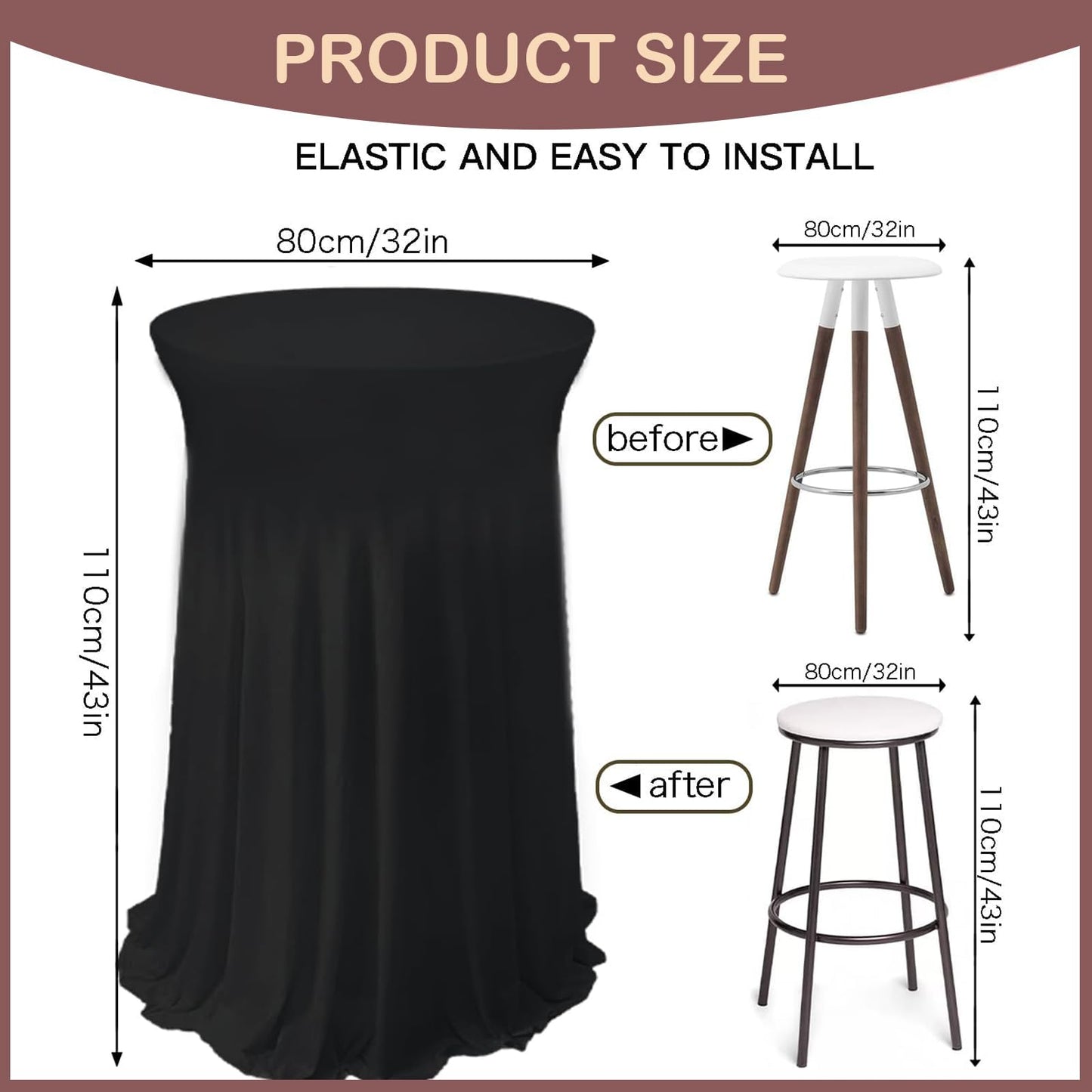 5 Pack Round Spandex Cocktail Table Tablecloths with Skirt, 32 x 43 Inch Black Stretch High Top Cocktail Table Covers Table Skirts Stretch Fitted Round Cocktail Table Cloths for Wedding Party Banquet