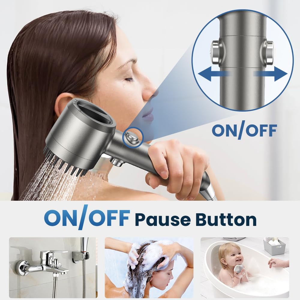 JOMST Filtered Shower Head with Handheld,High Pressure Shower Head 4 Spray Modes,ShowerHead with ON/OFF Switch for Pets,Built-in Power Wash to Clean Tub,Shower Heads Combo with Stainless Steel Hose