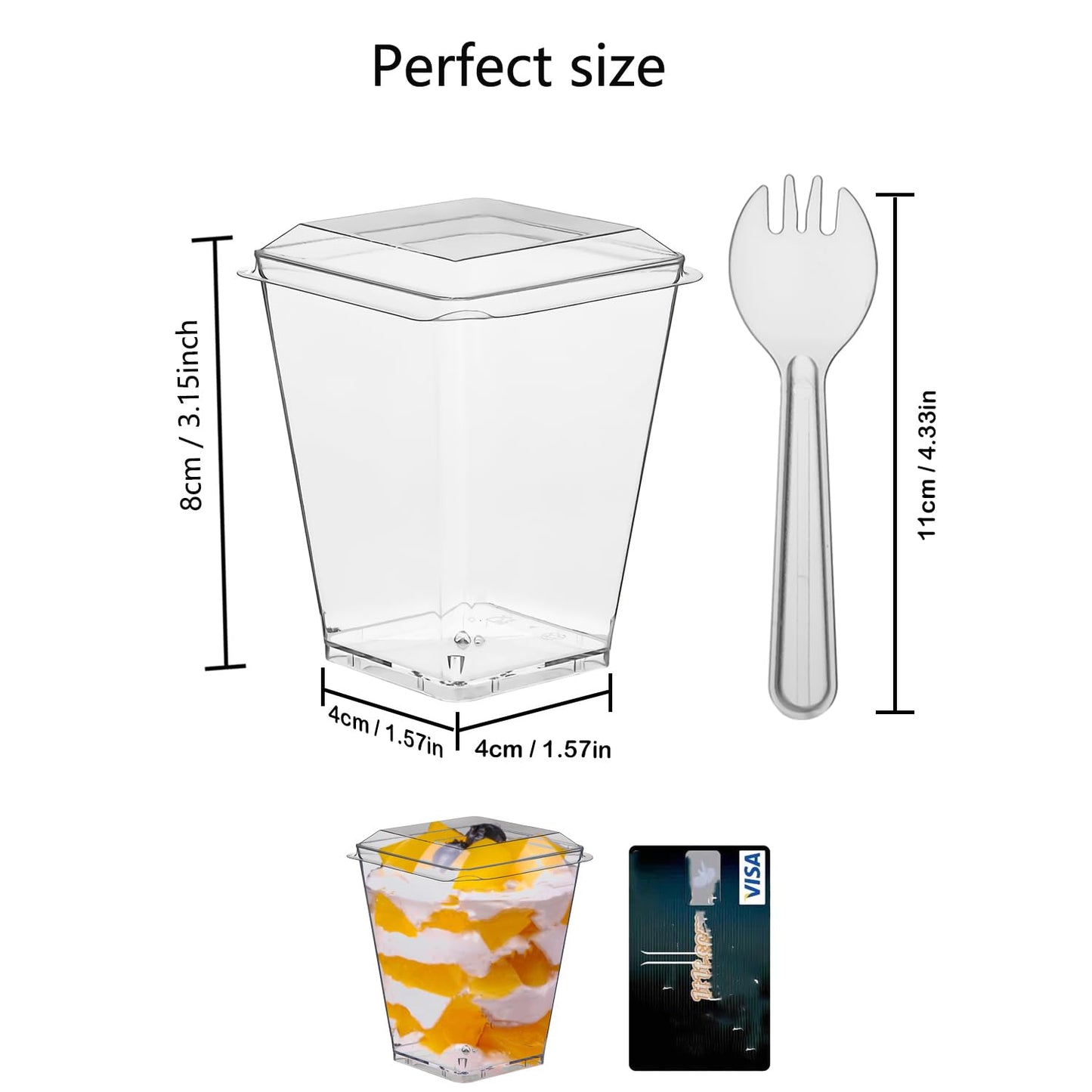 Toowood 300 Pack 100 Set Clear Dessert Cups with Lids and Spoons, 5.4oz Mini Dessert Cups Reusable Square Parfait Cup for Party Appertizer, Christmas