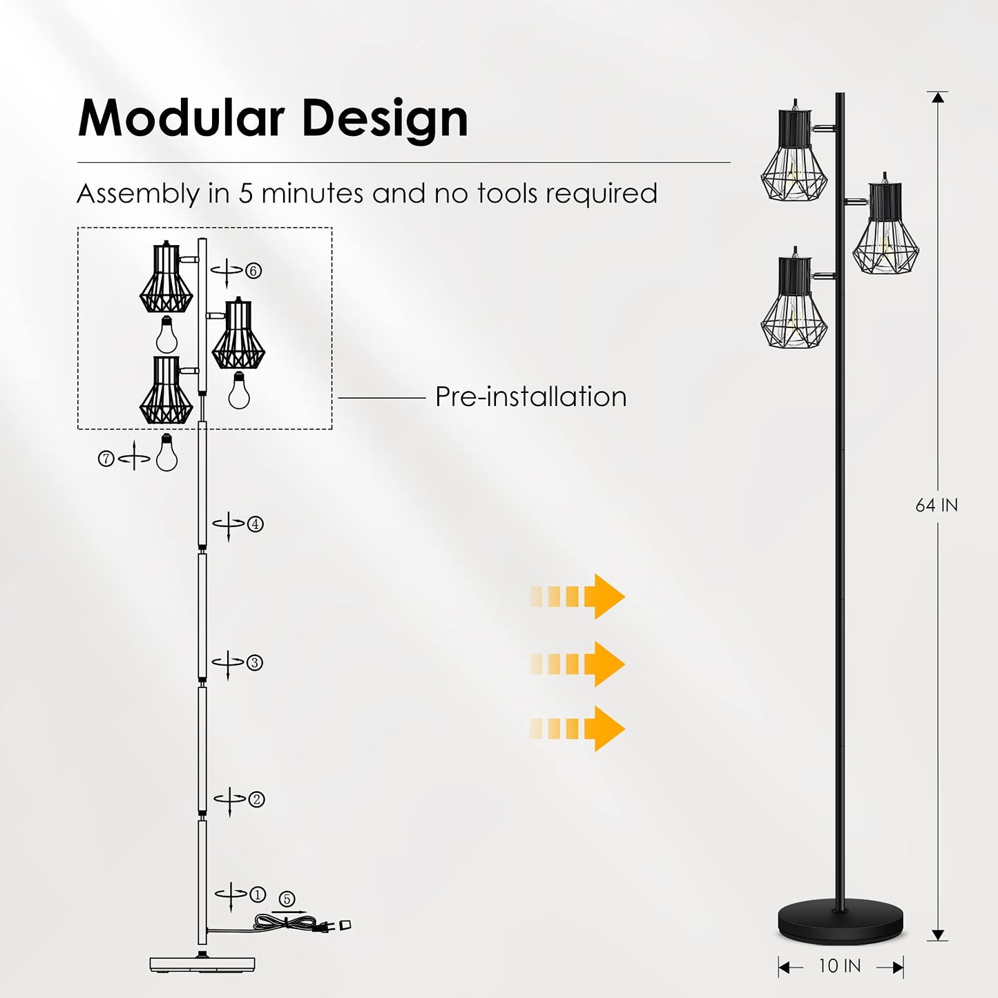 BoostArea Industrial Floor Lamp,Standing Lamp,Farmhouse Tree Floor Lamps with 3 Adjustable Cage Heads,E26 Socket,Independent Control,Floor Lamp for Living Room,Bedroom,Rustic Home(No Bulb)