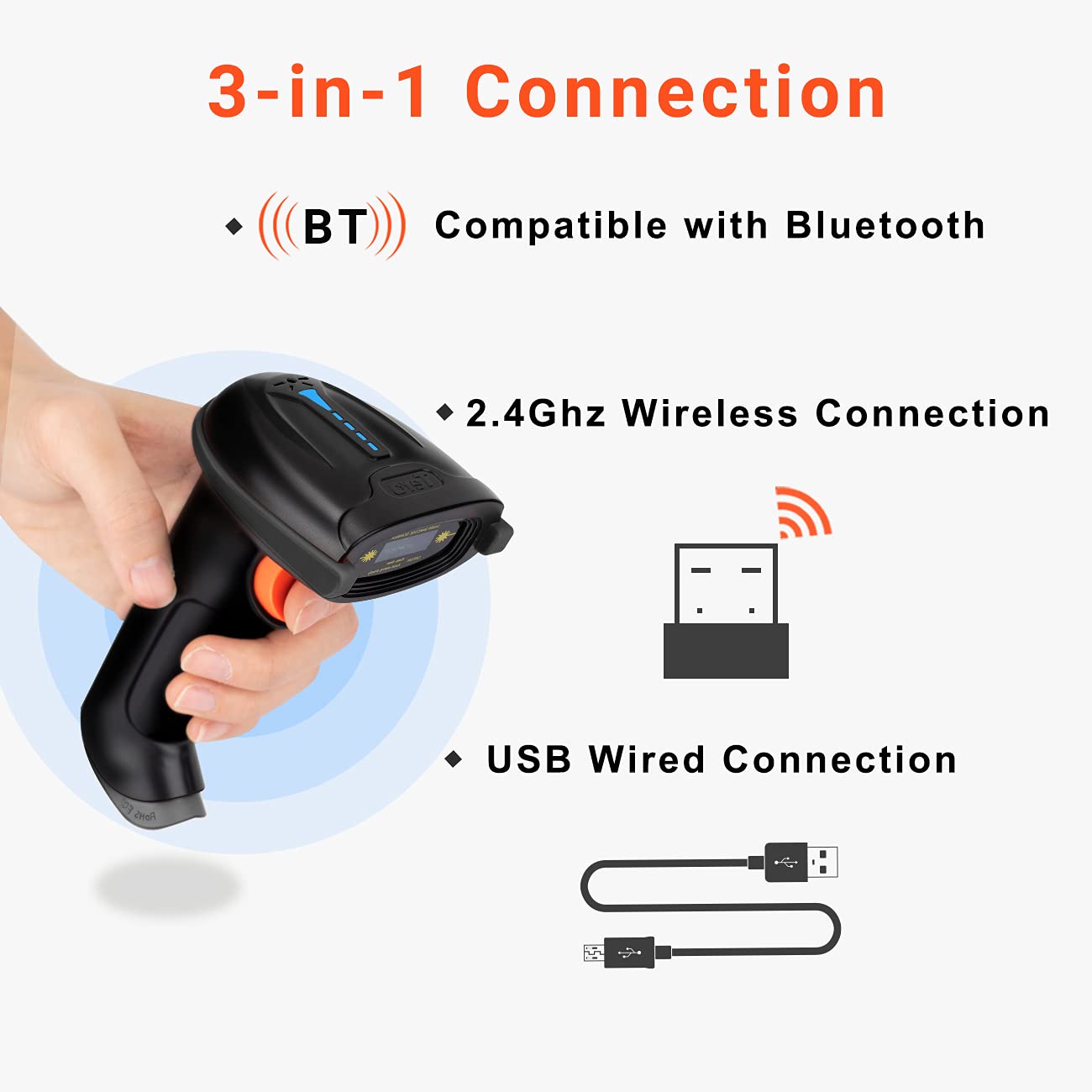 Tera Pro 1D Wireless Barcode Scanner 3 in 1 Bluetooth & 2.4G Wireless & USB Wired CCD Cordless 2500 Pixel Bar Code Reader with Battery Level Indicator for Windows Mac Android iOS Model T5100C,Orange