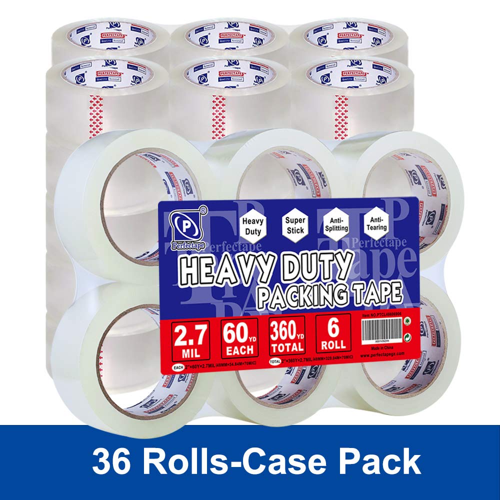 P PERFECTAPE Heavy Duty Packing Tape 36 Rolls, Total 2160Y, Clear, 2.7 mil, 1.88 inch x 60 Yards, Ultra Strong, Refill for Packaging and Shipping
