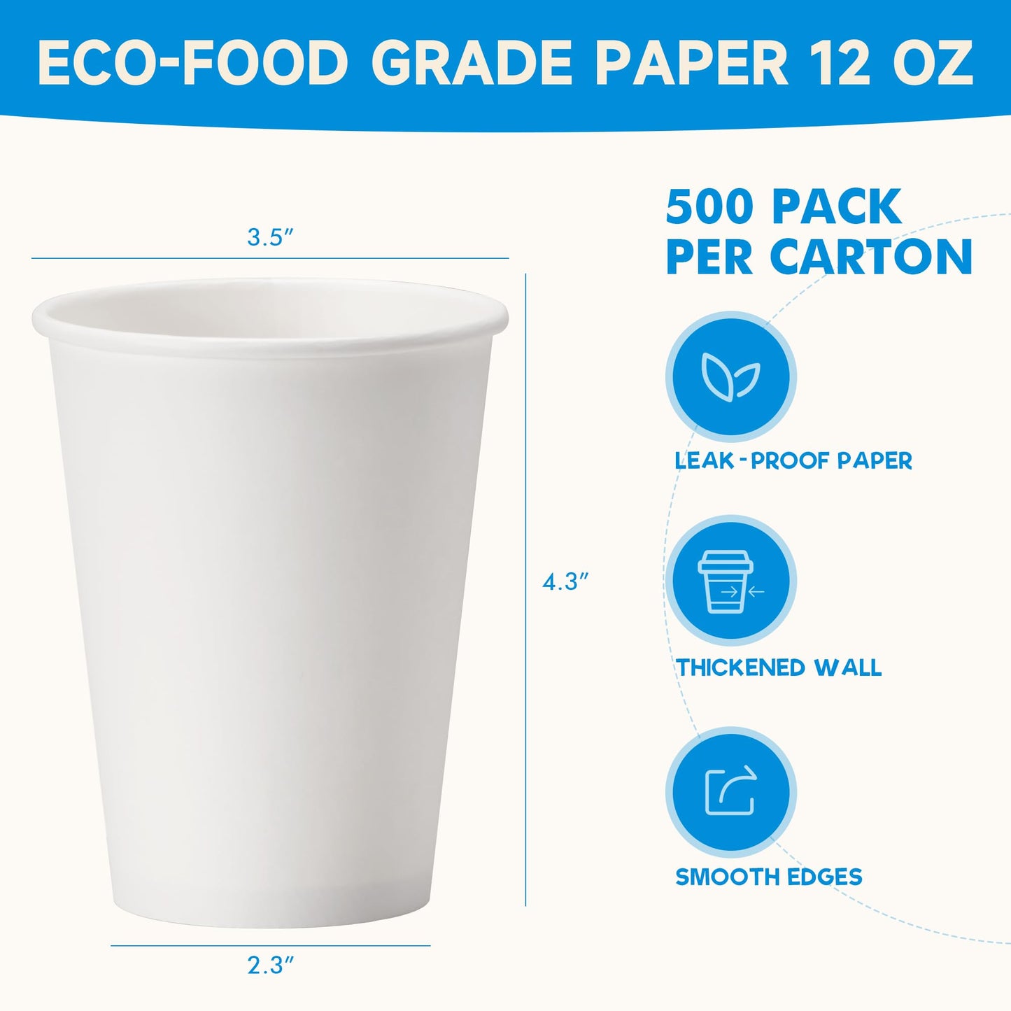 RACETOP Paper Coffee Cups 12 oz 500 pack, Paper Cups Disposable, Hot Coffee Cups, Ideal for Coffee, Beverages (12oz 500 pack white)