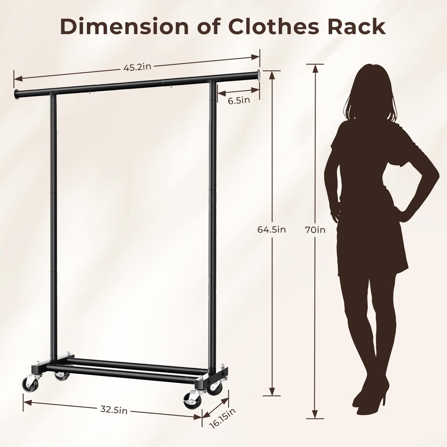 JIEJIERUI Clothing Rack for Hanging Clothes, 45" Wide Rolling Clothes Rack, Metal Garment Hanger Rack with Wheels, Portable Coat Rack Wardrobe Rack for Bedroom Laundry, Black