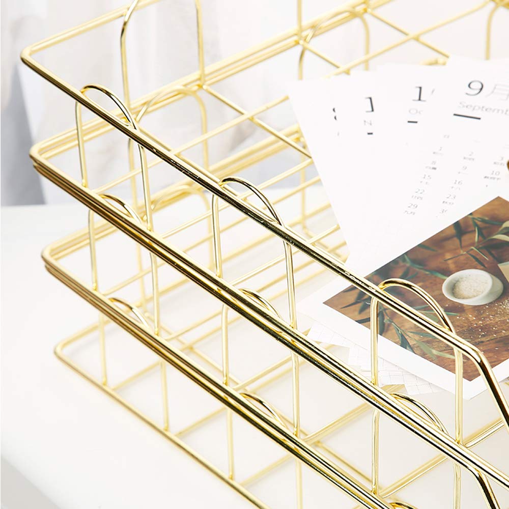Jolitac Rose Gold 4-Tier Stackable Paper Tray Desk Organizer, Workspace Decorative Stacking Rack Supplies Holder, Metal Letter Trays for File Documents in Home & Office (Gold)