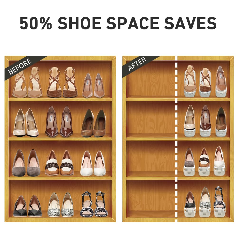 NVGSN Shoe Slots Organizer 12 Pack - Shoe Stackers for a Pair of Shoes, shoe Storage Shoes Space Savers 50%, 4 Levels Adjustable Thickening Double Layer shoes Holders shoe Organizer for Closet, White