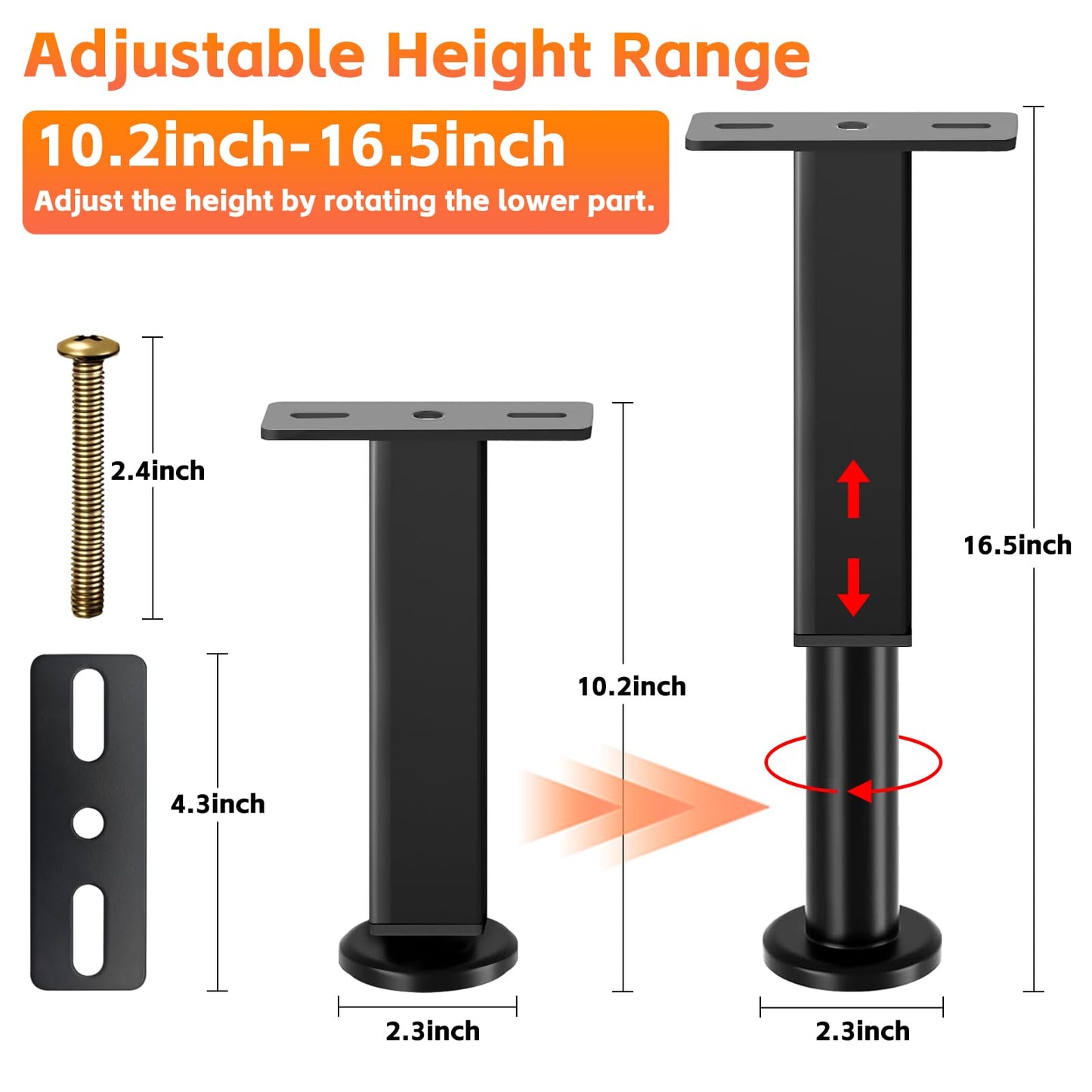 4PCS Adjustable Height Bed Support Legs, 10.2-16.5 In, Metal Heavy Bed Risers with Non-Slip Rubber Base, Replacement Furniture Feet for King Queen Frame Slats, Sofa, Couch, Cabinet, Dresser, Table