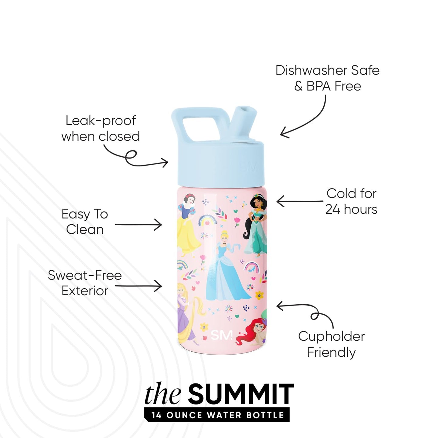 Simple Modern Disney Princess Kids Water Bottle with Straw Lid | 14oz Insulated Stainless Steel Kids Tumbler & Spill Proof Toddler Cup for School, Girls, Boys | Summit | Princess Rainbows