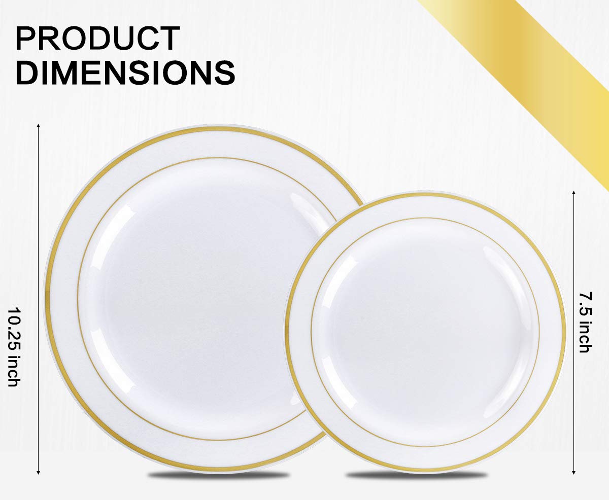 M MCIRCO 350 Piece Gold Dinnerware Set,100 Plastic Plates, 50 Cups,50 Pre Rolled Napkins with Plastic Silverware, Disposable Gold Dinnerware Set for 50 Guest