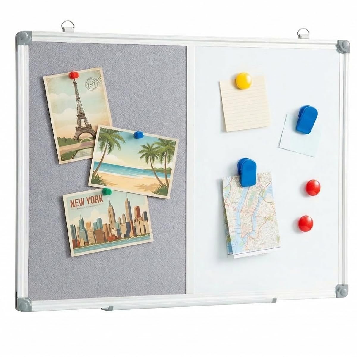DexBoard Grey Bulletin Board and White Board Combo, 24 x 18 Inch Fabric Board, Magnetic Dry Erase Board & Corkboard for Wall, Vision Board for Home, Office, School