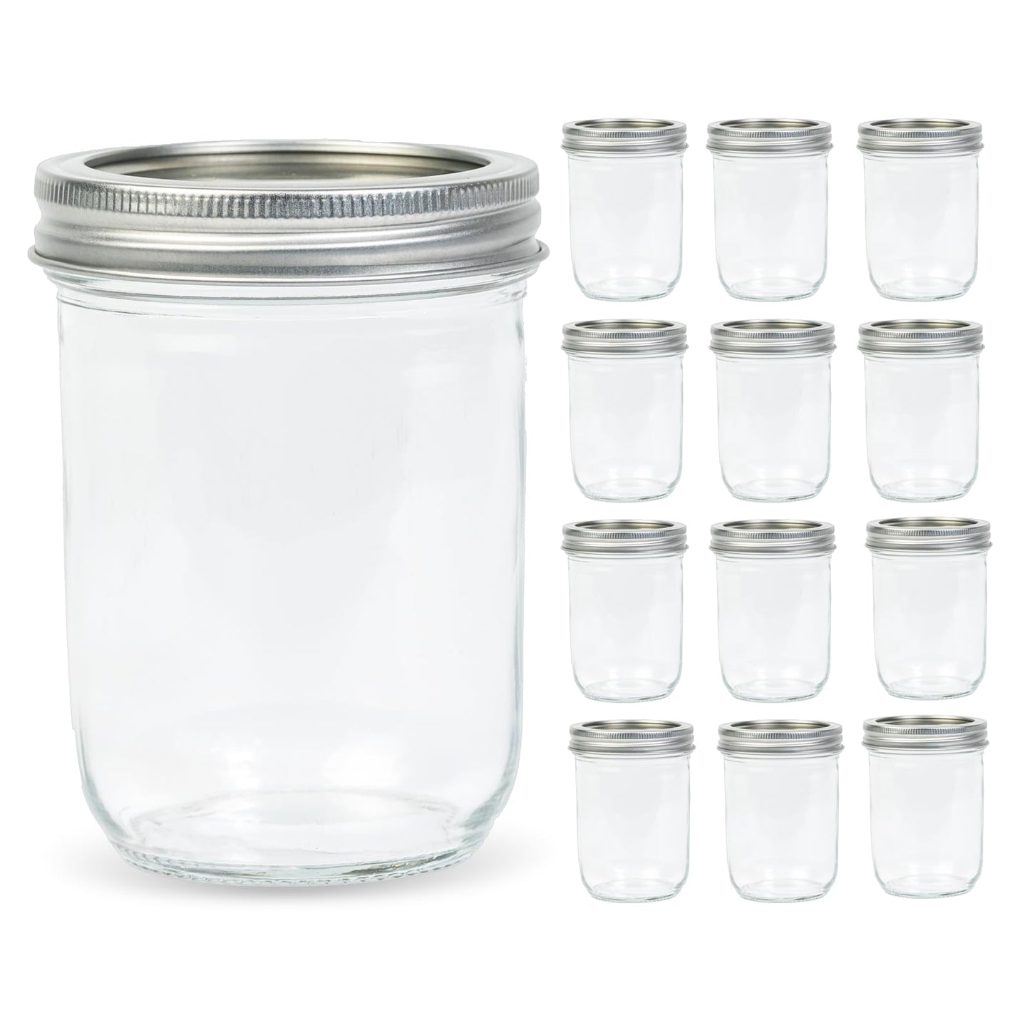 Yodecy 12 Pack 16 oz Wide Mouth Clear Mason Jars with Silver Metal Lids, Canning Jars for Overnight Oats, Food Storage, Dry Food, Snacks, Candies and More
