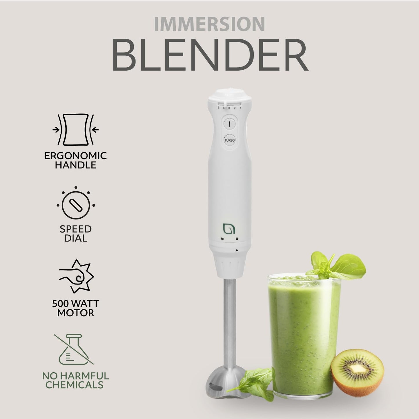 WILLOW Eco Series 5 Speed Immersion Blender Handheld, Powerful yet Quiet 500 Watt Electric Stick Blender with Turbo Mode & Removable Base, Hand Blender for Soup, Smoothie, 304 Stainless Steel - WHITE