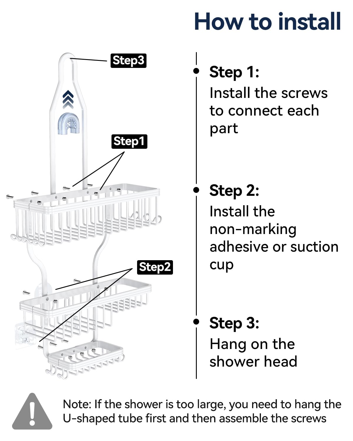 YASONIC Never-Rust Aluminum Hanging Shower Caddy – Over-the-Showerhead Organizer with 10 Hooks for Razor and Sponge – Includes Soap Basket – White