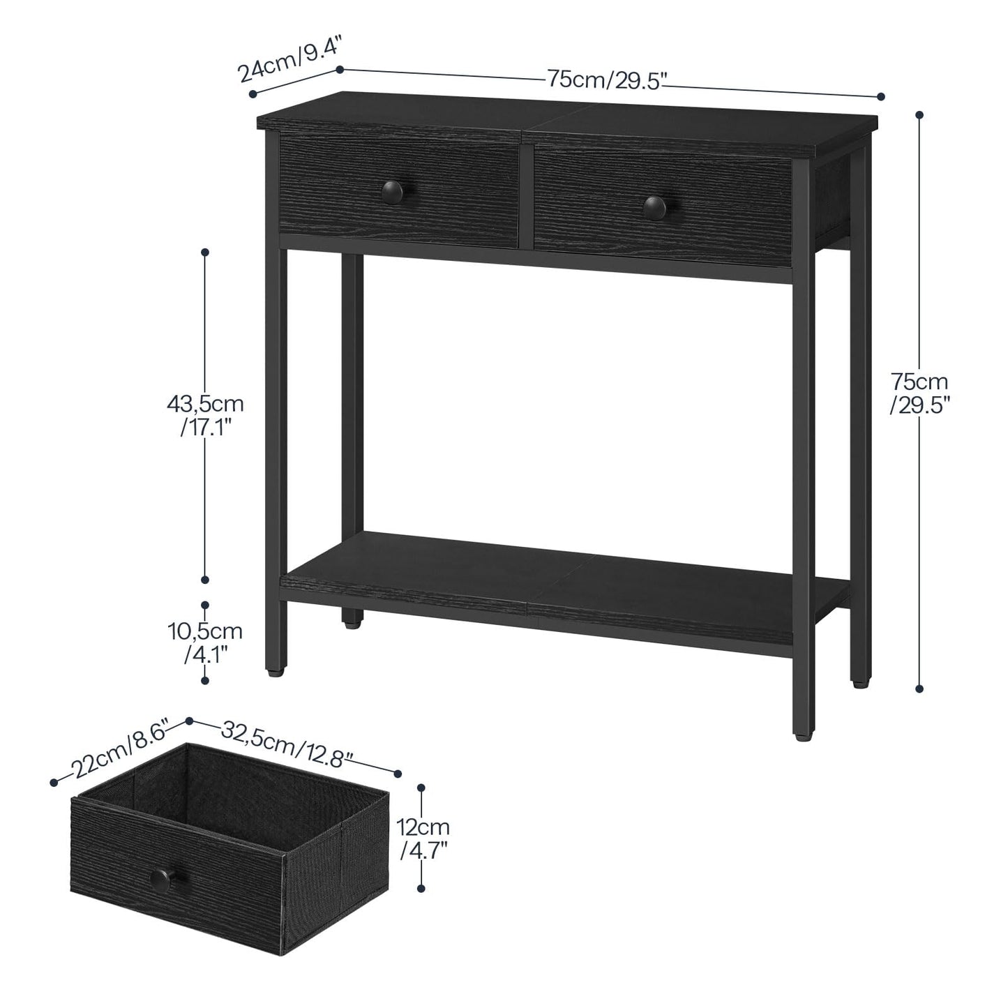 HOOBRO 29.5" Narrow Console Table with 2 Fabric Drawers, Small Entryway Table with 2-Tier Storage Shelves, Sofa Table, Behind Couch Table, for Living Room, Hallway, Black BB71XG01