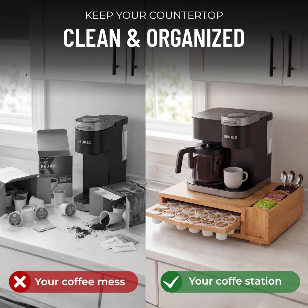 HAUSFY Bamboo Keurig Pod Organizer, Large 36 K-Cup Capacity Aesthetic Under Machine K-Cup Storage Drawer, Space-Saving Keurig Stand With Storage, 3 Slots For Tea & Spoons, Fits Keurig Brewers