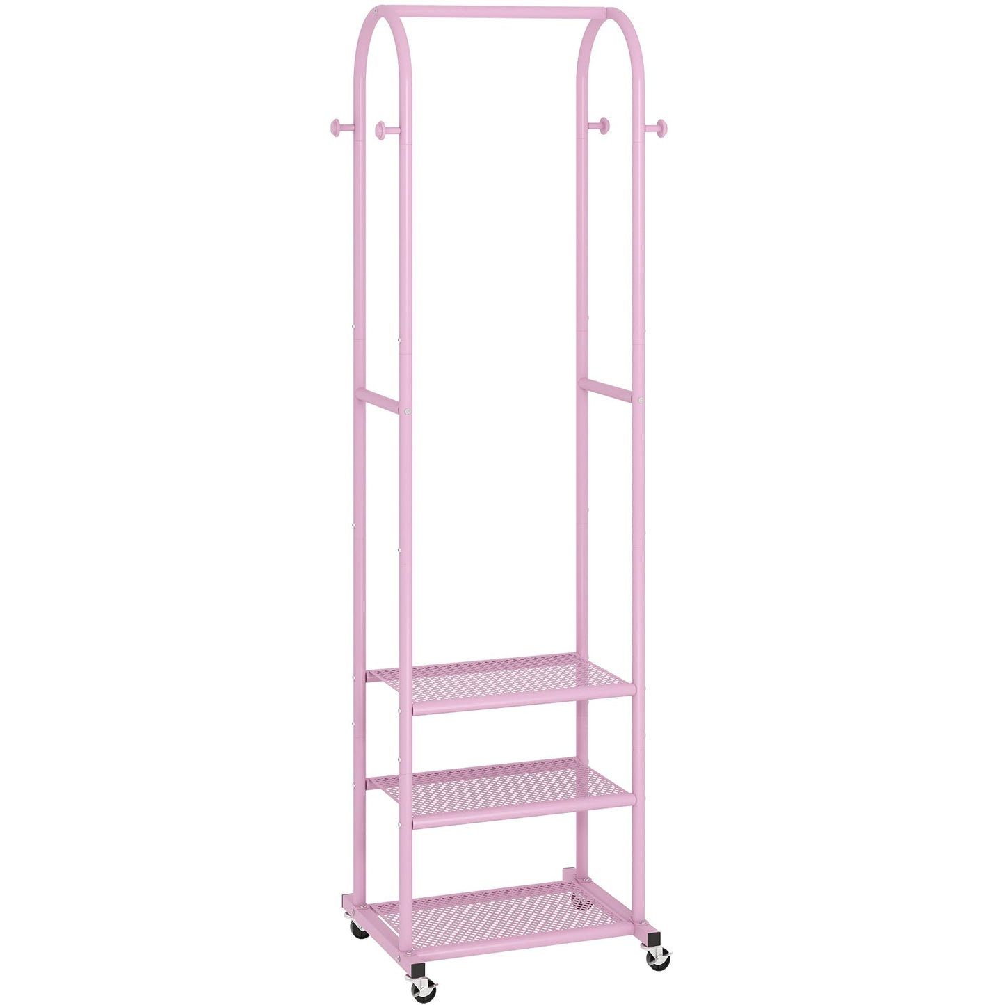 Kaitiemoo Heavy Duty Clothing Rack with Wheels,Modern Garment Rack with 3 Metal Shelves, 71.8Inches Display Rack for Hanging Clothes, Hanging Rod for Small Space,Pink